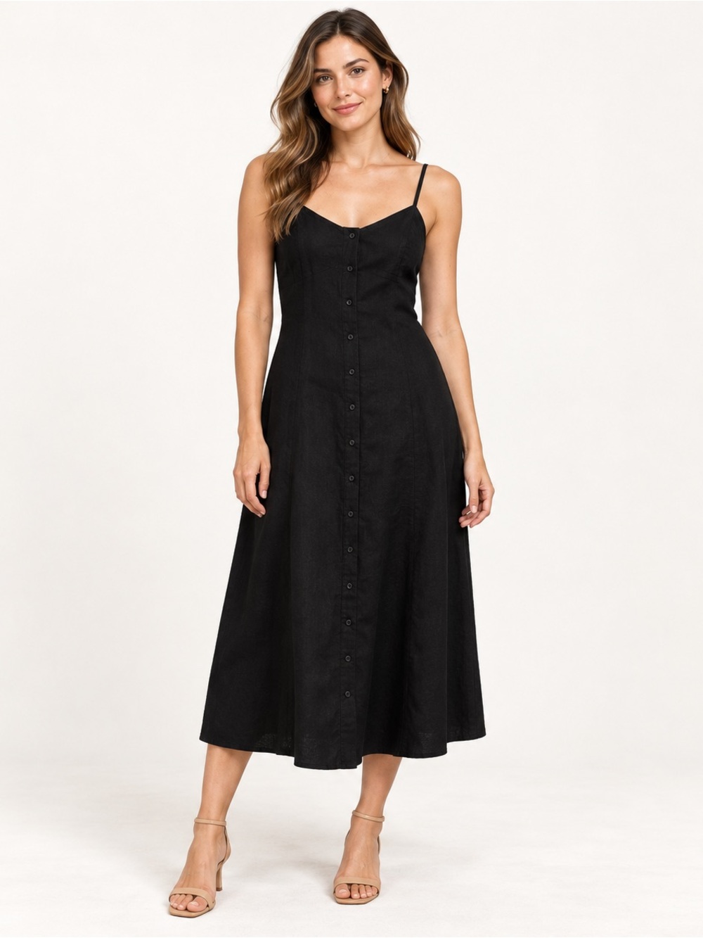 NWT New York & Company Black Linen Blend Button Front Midi Slip Dress Size 4